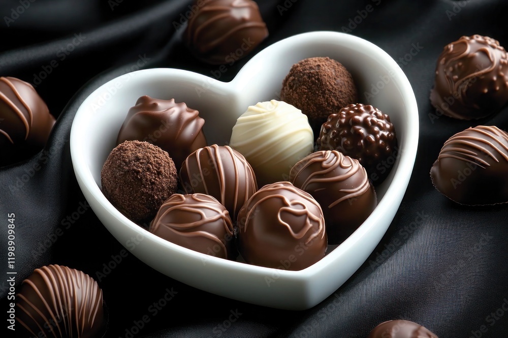 Valentine's Day romantic sweet gifts. Heart shaped white bowl filled with chocolate truffles on a luxurious black satin fabric. Valentine's Day romantic sweet gifts. Heart shaped white bowl filled with chocolate truffles on a luxurious black satin fabric.