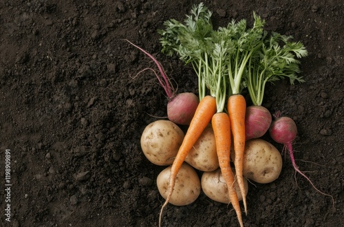 Fresh raw carrot, beetroot and potatoes on soil in garden. Organic vegetables background photo