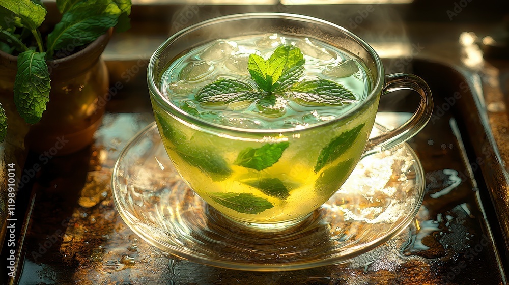 Iced mint tea in a glass cup with ice cubes and fresh mint leaves on a tray.