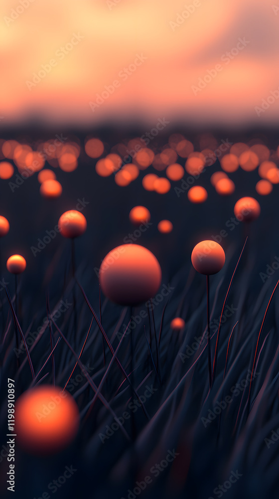 Magical sunset over glowing orbs in the field Magical sunset over glowing orbs in the field