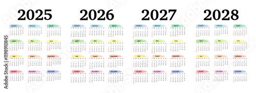 Set of calendars for 2025, 2026, 2027 and 2028 on a white background