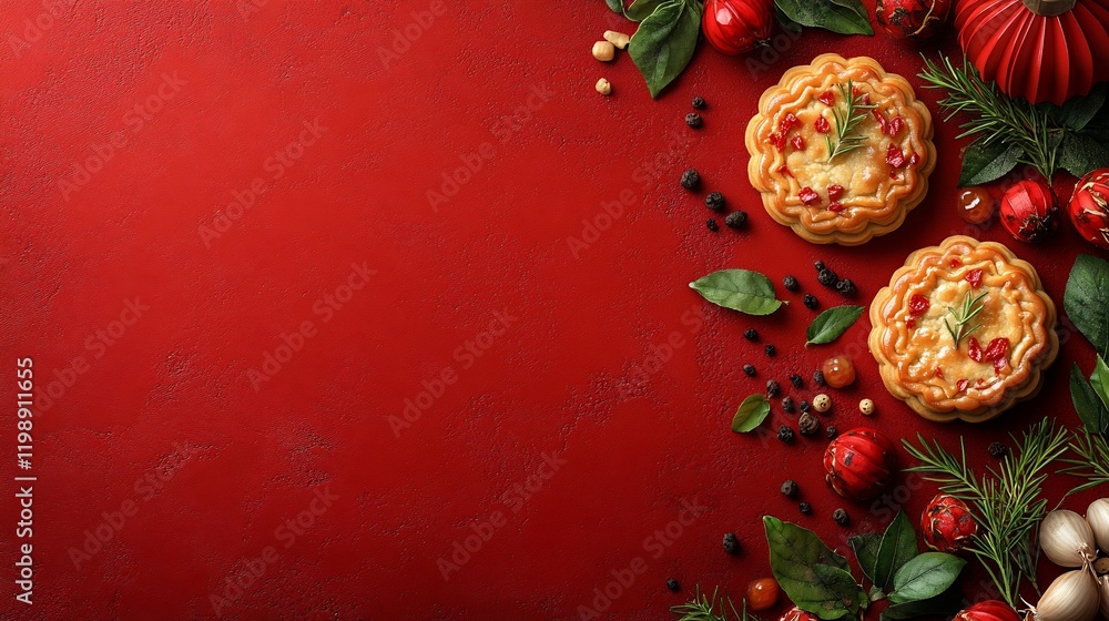 Festive red background with pastries, herbs, and spices. Festive red background with pastries, herbs, and spices.