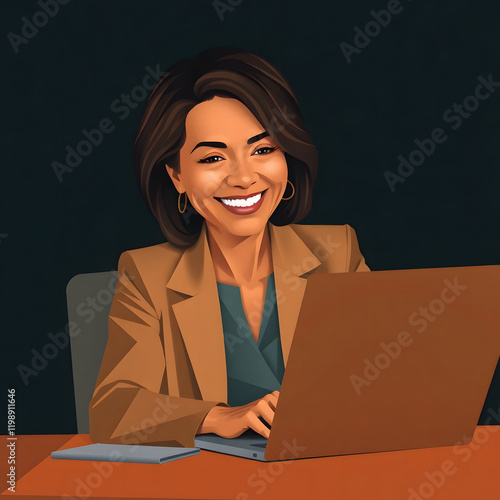 Middle age European business woman CEO using laptop application for work at table workspace in office. Smiling Latin Hispanic mature adult professional businesswoman using pc digital computer. Banner 