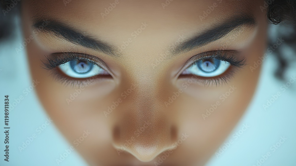 The focus is on an individual with vibrant blue eyes and dark, curly hair. The captivating gaze conveys emotion and depth, set against a soft, neutral background The focus is on an individual with vibrant blue eyes and dark, curly hair. The captivating gaze conveys emotion and depth, set against a soft, neutral background