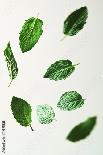 A bunch of green leaves flying through the air, ideal for use in scenes with natural elements or as a background