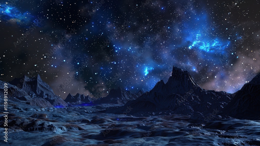 Naklejka premium Majestic starry sky above mysterious alien mountains with glowing nebula