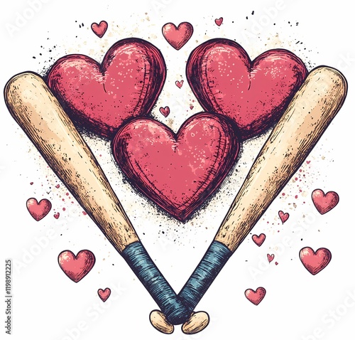 Heart-shaped design with baseball bats creating a playful and romantic theme in a colorful illustration