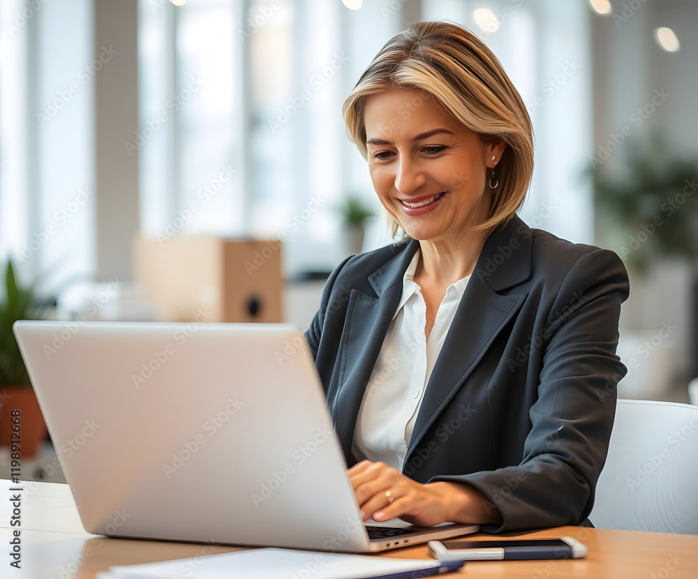 Middle age European business woman CEO using laptop application for work at table workspace in office. Smiling Latin Hispanic mature adult professional businesswoman using pc digital computer. Banner Middle age European business woman CEO using laptop application for work at table workspace in office. Smiling Latin Hispanic mature adult professional businesswoman using pc digital computer. Banner