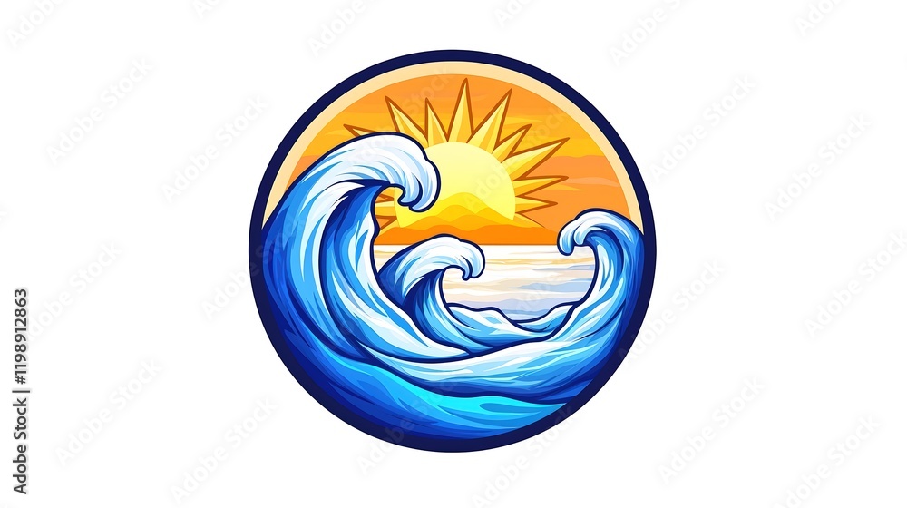 A charming circular logo showcasing a bright sun setting over tranquil waves, designed to represent a serene beach resort. The sun emits warm tones while the waves are illustrated in cool blues, A charming circular logo showcasing a bright sun setting over tranquil waves, designed to represent a serene beach resort. The sun emits warm tones while the waves are illustrated in cool blues,