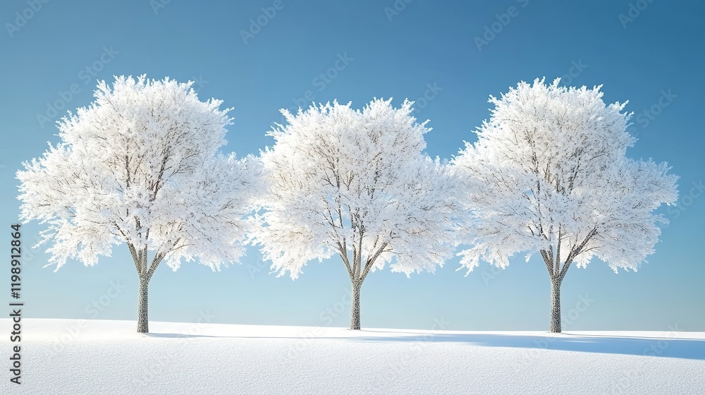 Three trees covered in snow, with a clear blue sky and white background. Three trees covered in snow, with a clear blue sky and white background.