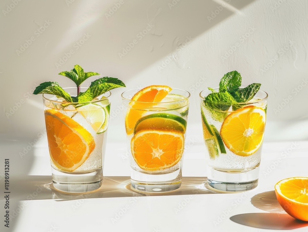 Fototapeta premium Refreshing Citrus and Mint Drinks on a Light Background
