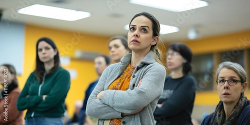 Parents gather at a school board meeting, expressing a range of emotions about curriculum issues while some stand and others sit in a professional environment with fluorescent lighting