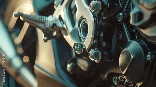 Close-up of motorcycle engine parts, showcasing metallic components, bolts, and gears. photo