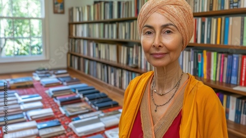 A woman wearing a colorful shawl smiles in a serene library filled with books. The floor is covered with a rug showcasing an organized layout of volumes waiting to be discovered photo