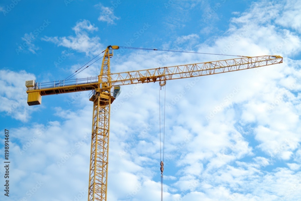 A crane lifts a bright yellow object into the air, with a sunny background A crane lifts a bright yellow object into the air, with a sunny background