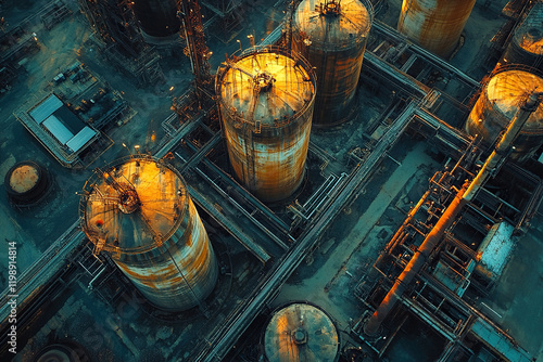 An aerial view of a chemical plant with old pipelines and rusty storage tanks located throughout the plant. Heavy and petrochemical products.