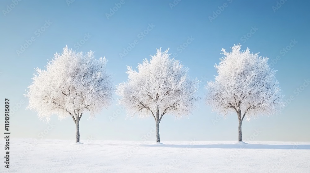 Three trees covered in snow, with a clear blue sky and white background. Three trees covered in snow, with a clear blue sky and white background.