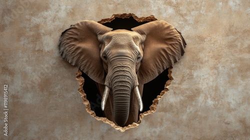 Fototapeta Naklejka Na Ścianę i Meble -  Elephant head breaking through a textured wall with visible torn edges, showcasing detailed features and copy space for text.