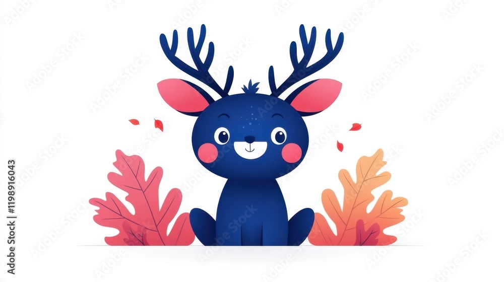 Fototapeta premium Cute cartoon deer with antlers autumn leaves