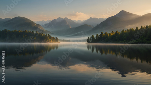 Serene Lake Under a Cloudy Sky with a Few Fluffy Clouds in the Tranquil Background