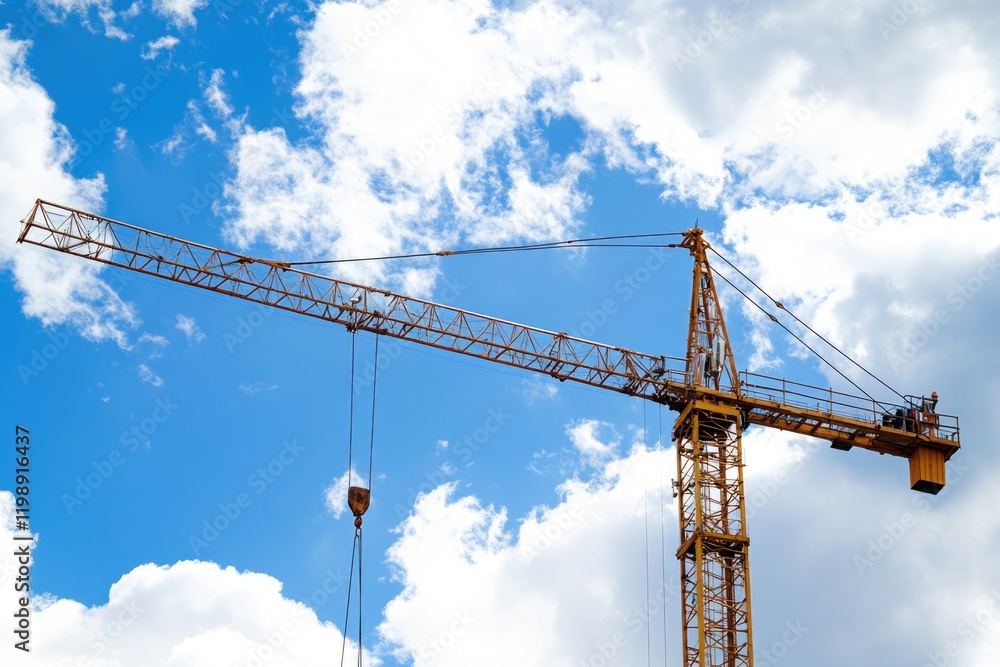 A crane perched high above the ground, with nothing but sky and clouds around it A crane perched high above the ground, with nothing but sky and clouds around it
