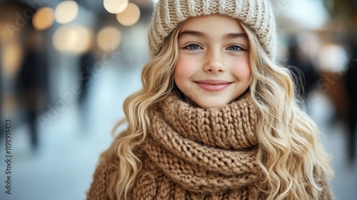 Wallpaper Mural A young girl with long wavy hair wearing a knitted scarf and hat smiles warmly while walking through a festive winter market in the city Torontodigital.ca
