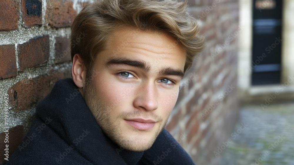 A young man leans casually against a rustic brick wall, showcasing a charming expression. Sunlight highlights his tousled hair and striking blue eyes, creating a relaxed atmosphere A young man leans casually against a rustic brick wall, showcasing a charming expression. Sunlight highlights his tousled hair and striking blue eyes, creating a relaxed atmosphere