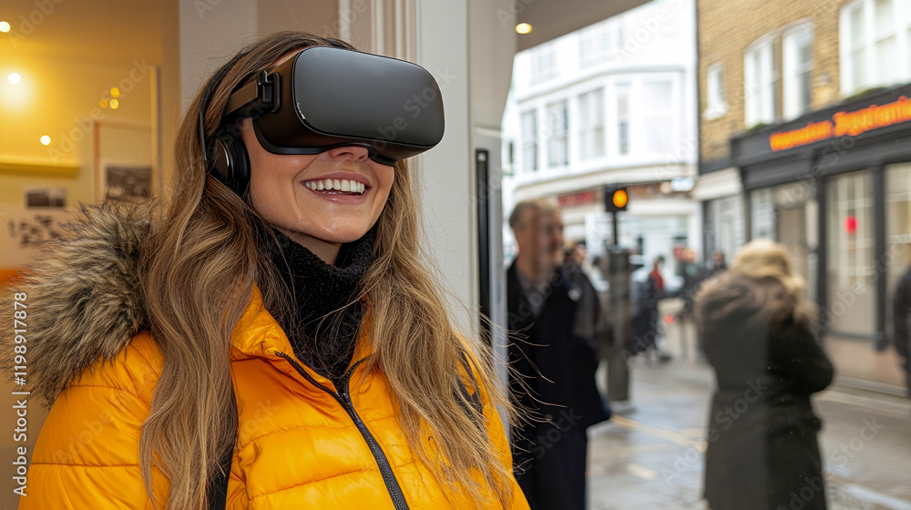 Obraz premium Woman Experiencing Immersive Virtual Reality on City Street: A Tech and Urban Exploration