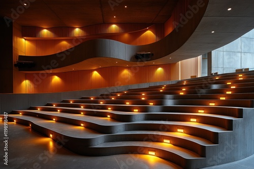 a sleek, minimalist auditorium in a modern school, with tiered seating, state-of-the-art lighting and sound systems, and a large, curved stage  photo