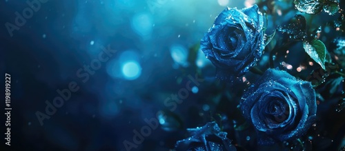 Fototapeta Naklejka Na Ścianę i Meble -  Blue roses with raindrops and bokeh effect on a dark background featuring copy space for text placement