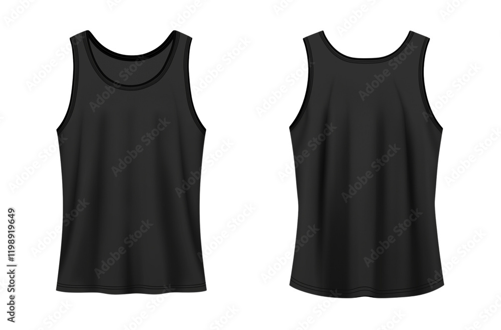 Black blank tank top t-shirt template, front and back view isolated on transparent background
