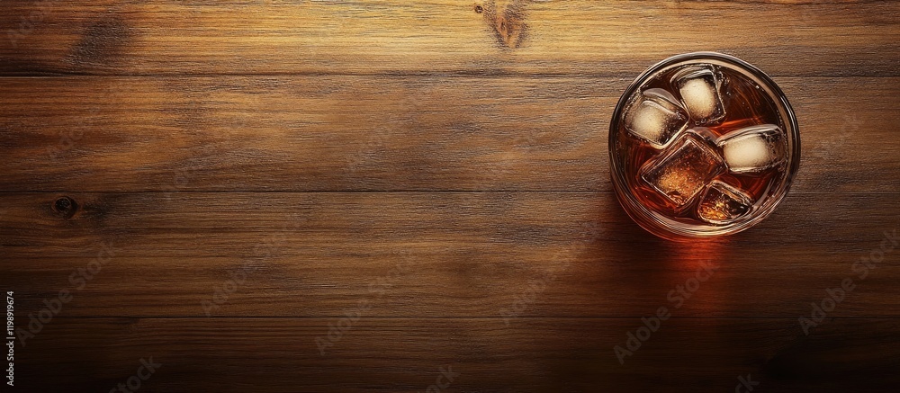 Glass of whiskey on the rocks with ice cubes placed on a rustic wooden surface Copy Space Glass of whiskey on the rocks with ice cubes placed on a rustic wooden surface Copy Space