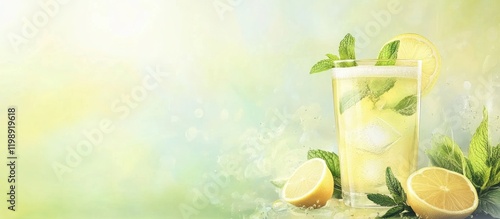Fresh lemonade with mint leaves in a glass on a blurred background with lemon slices and ample Copy Space for text.