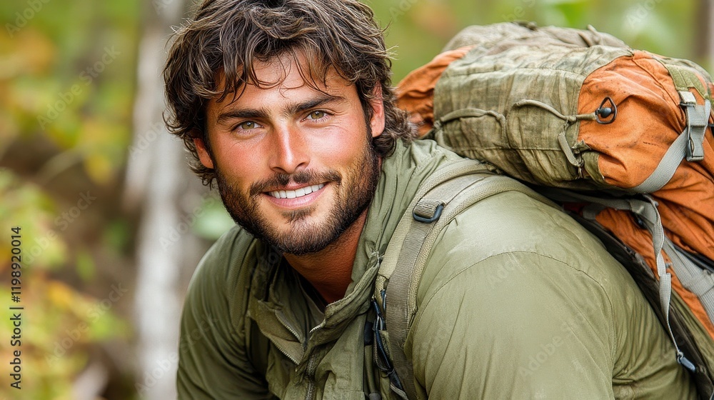 A young man with a beard and shaggy hair wears a green jacket and carries an orange and grey backpack. He enjoys a moment in a vibrant forest during daytime A young man with a beard and shaggy hair wears a green jacket and carries an orange and grey backpack. He enjoys a moment in a vibrant forest during daytime