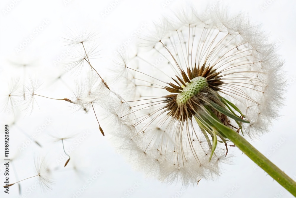 Macro Photo of Puffy Dandelion Blowball with Flying Seeds, Isolated on White Background Macro Photo of Puffy Dandelion Blowball with Flying Seeds, Isolated on White Background