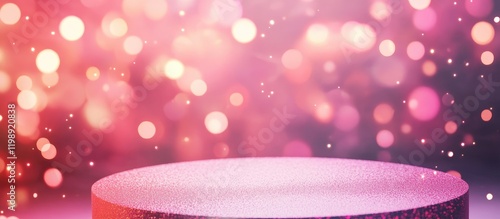 Pink and purple bokeh background with empty podium for product display and copy space for text use photo