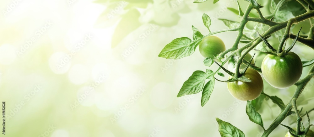 Obraz premium Fresh green tomatoes growing on a vine with soft blurred background and natural light Copy Space