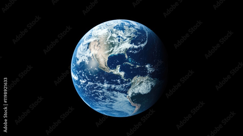 High-resolution image of Earth as seen from space with visible continents including North and South America against a black background, Copy Space. High-resolution image of Earth as seen from space with visible continents including North and South America against a black background, Copy Space.