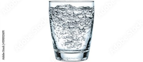 Glass of sparkling water with bubbles and reflective surface on a white background Copy Space photo