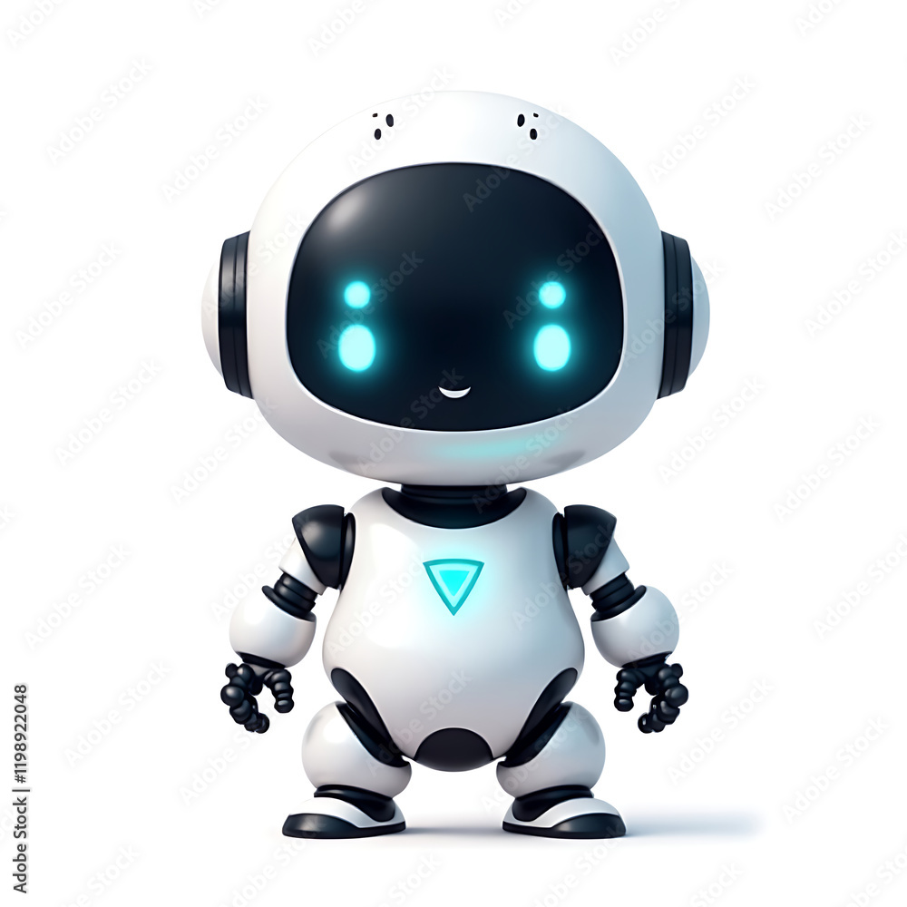 Adorable Futuristic Robot with Bright Blue Eyes and a Sleek White Design in a Digital Illustration Adorable Futuristic Robot with Bright Blue Eyes and a Sleek White Design in a Digital Illustration