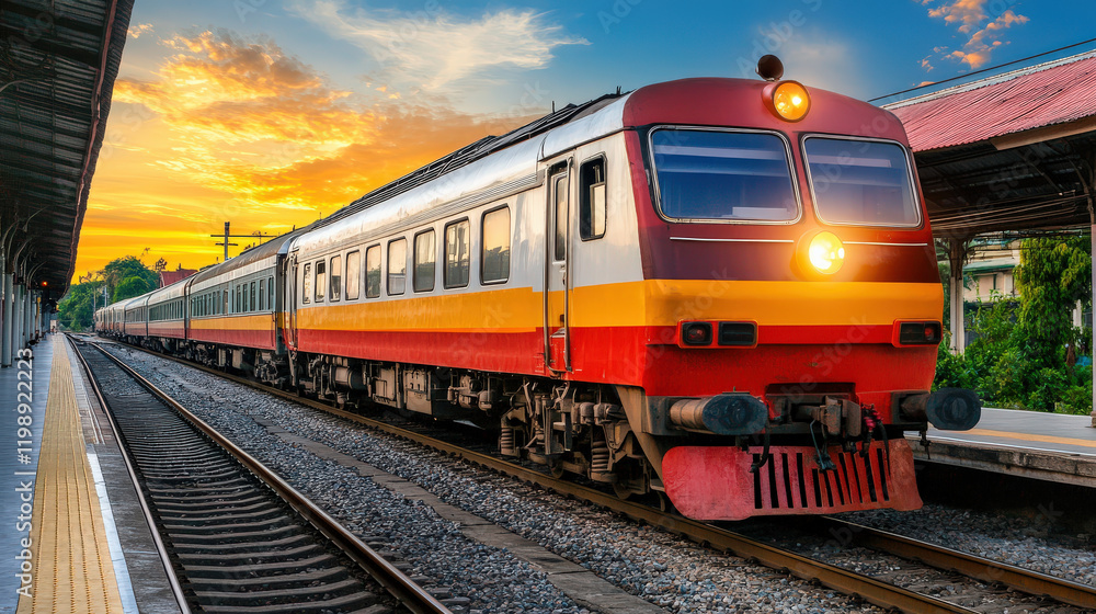 vibrant train at station during sunset, showcasing its colorful exterior and beautiful sky. scene captures essence of travel and adventure vibrant train at station during sunset, showcasing its colorful exterior and beautiful sky. scene captures essence of travel and adventure
