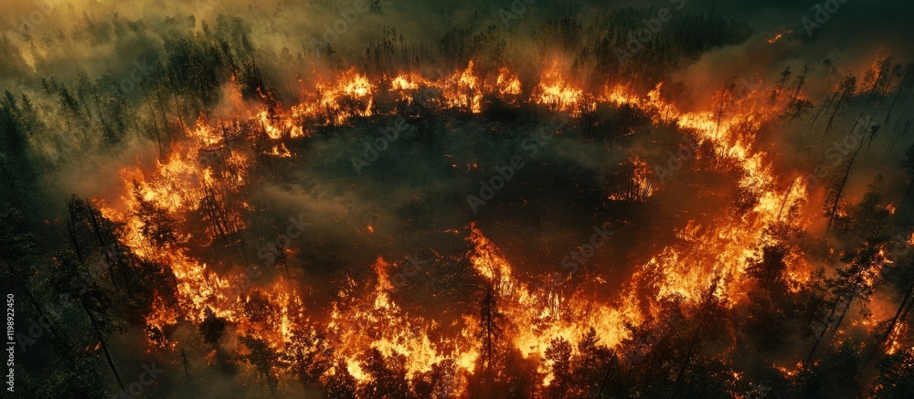 Circular forest fire with smoke and flames engulfing trees from above with Copy Space for text Circular forest fire with smoke and flames engulfing trees from above with Copy Space for text
