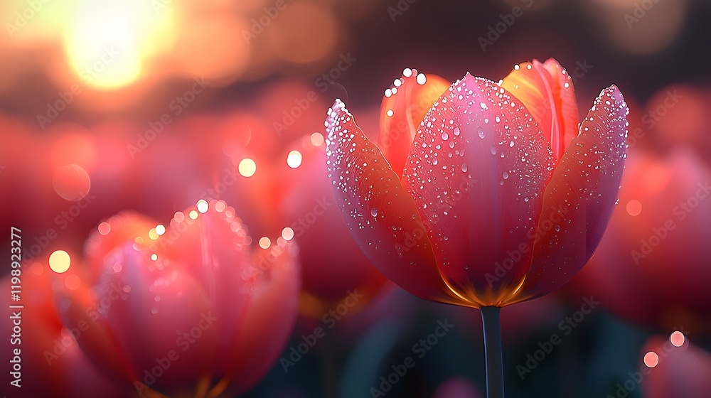Vibrant Tulip Field Glowing Under Golden Sunrise with Sparkling Morning Dew Vibrant Tulip Field Glowing Under Golden Sunrise with Sparkling Morning Dew