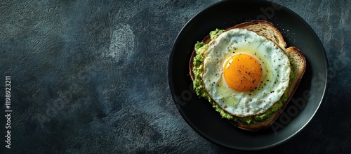 Fried egg on toasted bread with avocado served in a black bowl on a dark textured background Copy Space photo