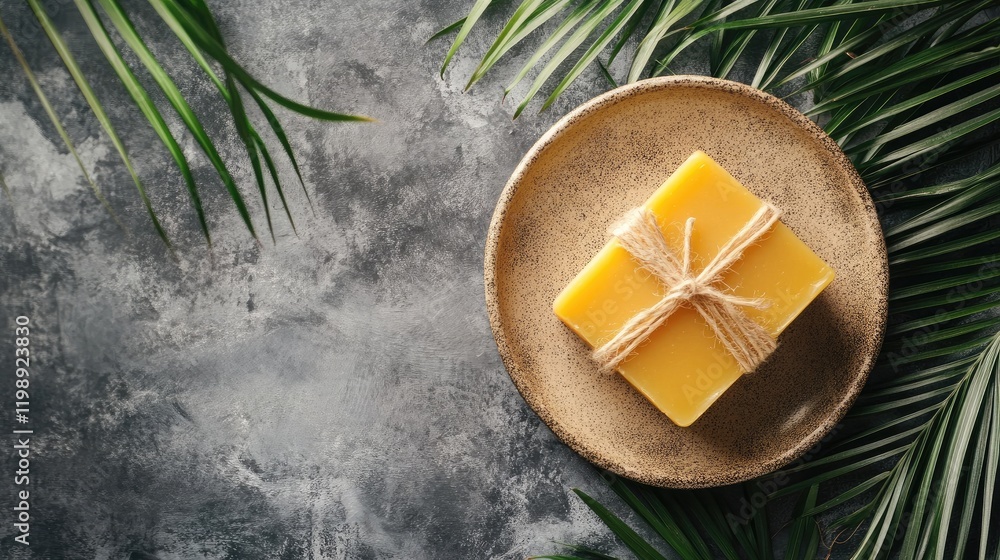 Yellow handmade soap wrapped with twine on a decorative plate surrounded by green palm leaves and textured grey background with Copy Space Yellow handmade soap wrapped with twine on a decorative plate surrounded by green palm leaves and textured grey background with Copy Space