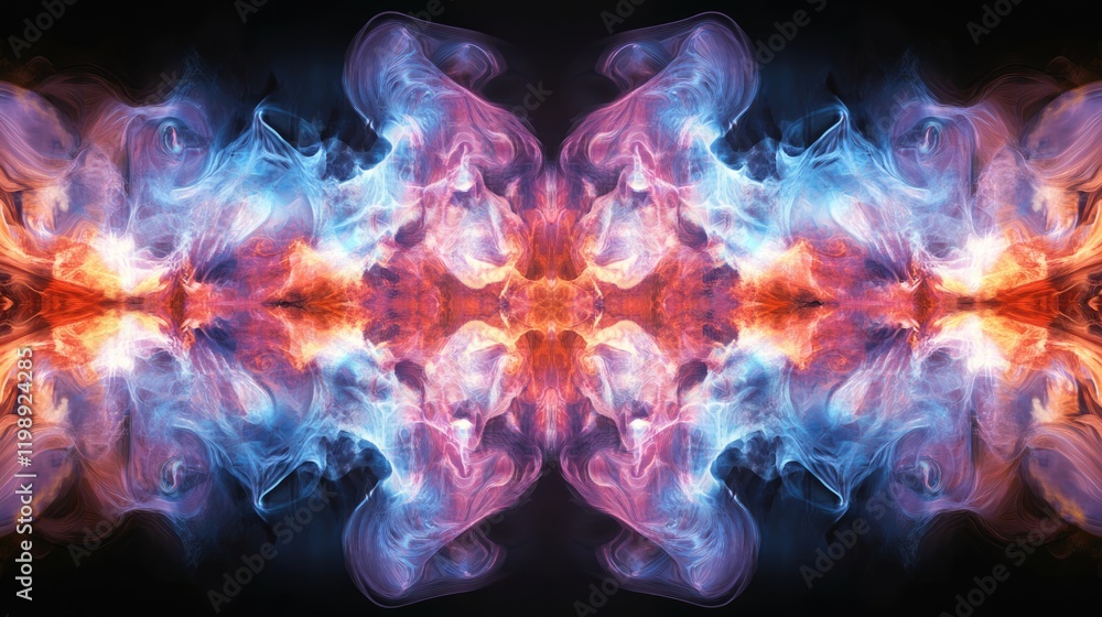 Colorful Abstract Smoke Pattern Symmetrical Design on Black Background with Copy Space for Text Colorful Abstract Smoke Pattern Symmetrical Design on Black Background with Copy Space for Text