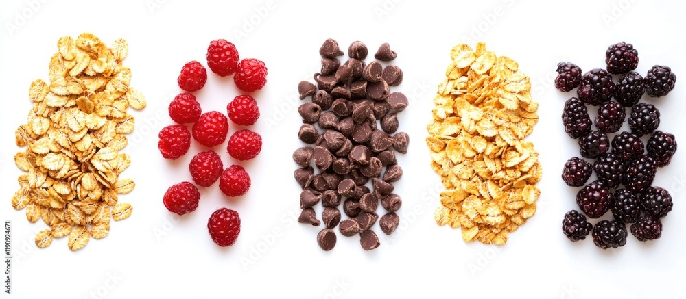 Assorted Ingredients for Healthy Snack with Rolled Oats Raspberries Chocolate Chips and Blackberries on White Background Copy Space Assorted Ingredients for Healthy Snack with Rolled Oats Raspberries Chocolate Chips and Blackberries on White Background Copy Space