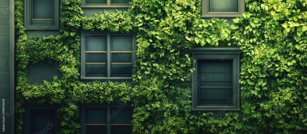 Green Ivy Covered Wall with Windows and Copy Space for Text Use Green Ivy Covered Wall with Windows and Copy Space for Text Use