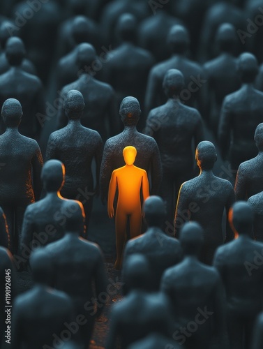 A group of grey human shaped figures with one glowing orange figure in the center standing out, symbolizing leader and strong presence among others Generative AI photo