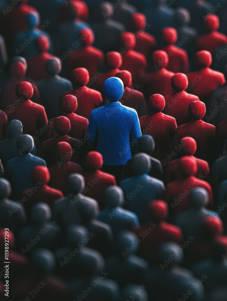 Fototapeta premium leader stands out among crowd, symbolizing motivation and career growth. blue figure represents guidance, while red figures signify teamwork and collaboration